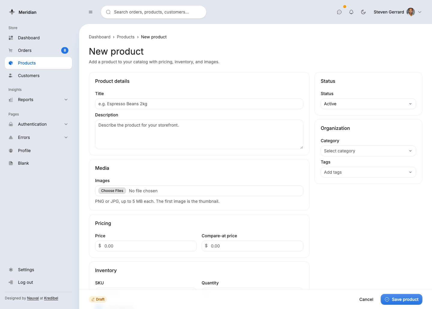 Meridian New product screen